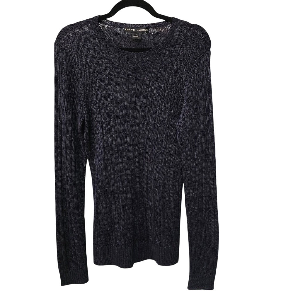 Ralph Lauren Black Label Womens Navy Blue Metallic‎ Cable Knit Sweater Large